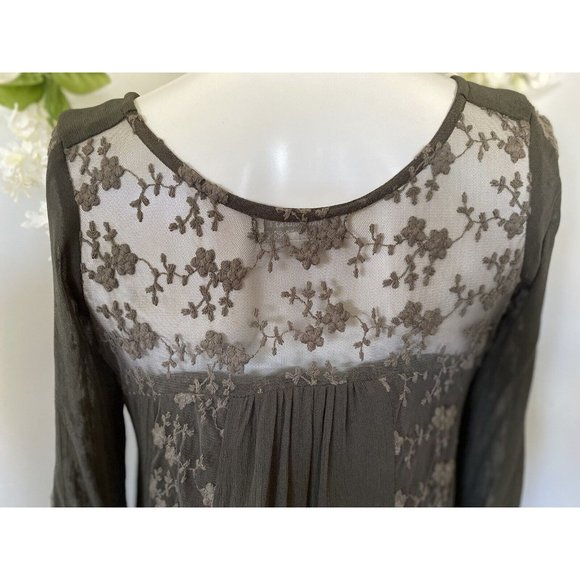 World Market Grey Mini Flare Dress Tunic Women S/M Lace Accents Long Sleeve Vtg - Picture 6 of 16